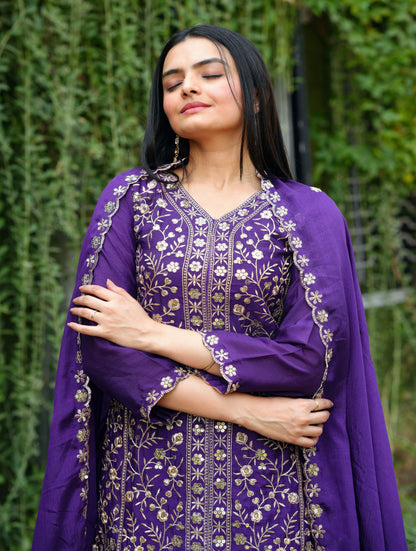Purple Heavy Chinon Suit With Sequence Embroidered Work