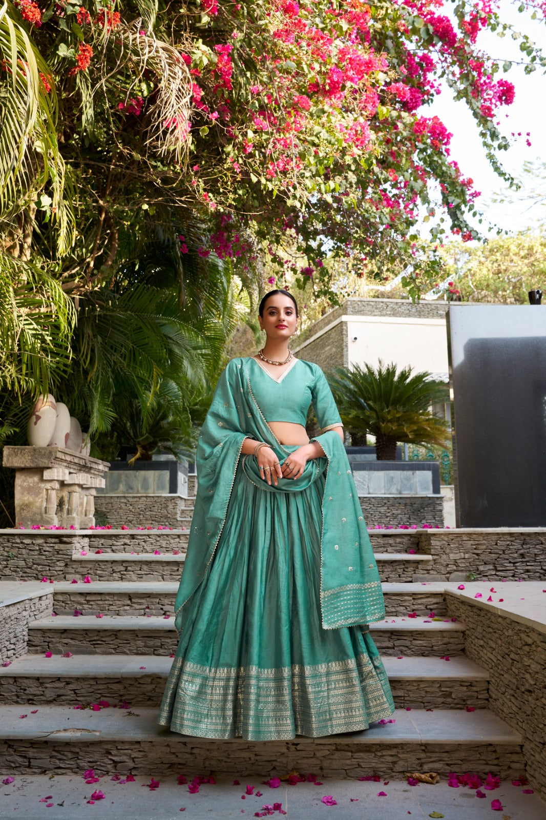 Red Pure Chanderi Plain With Zari Weaving Work Border Fully Stitched Lehenga,Unstitched Blouse With Dupatta