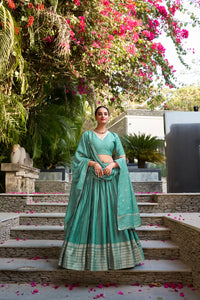 Red Pure Chanderi Plain With Zari Weaving Work Border Fully Stitched Lehenga,Unstitched Blouse With Dupatta