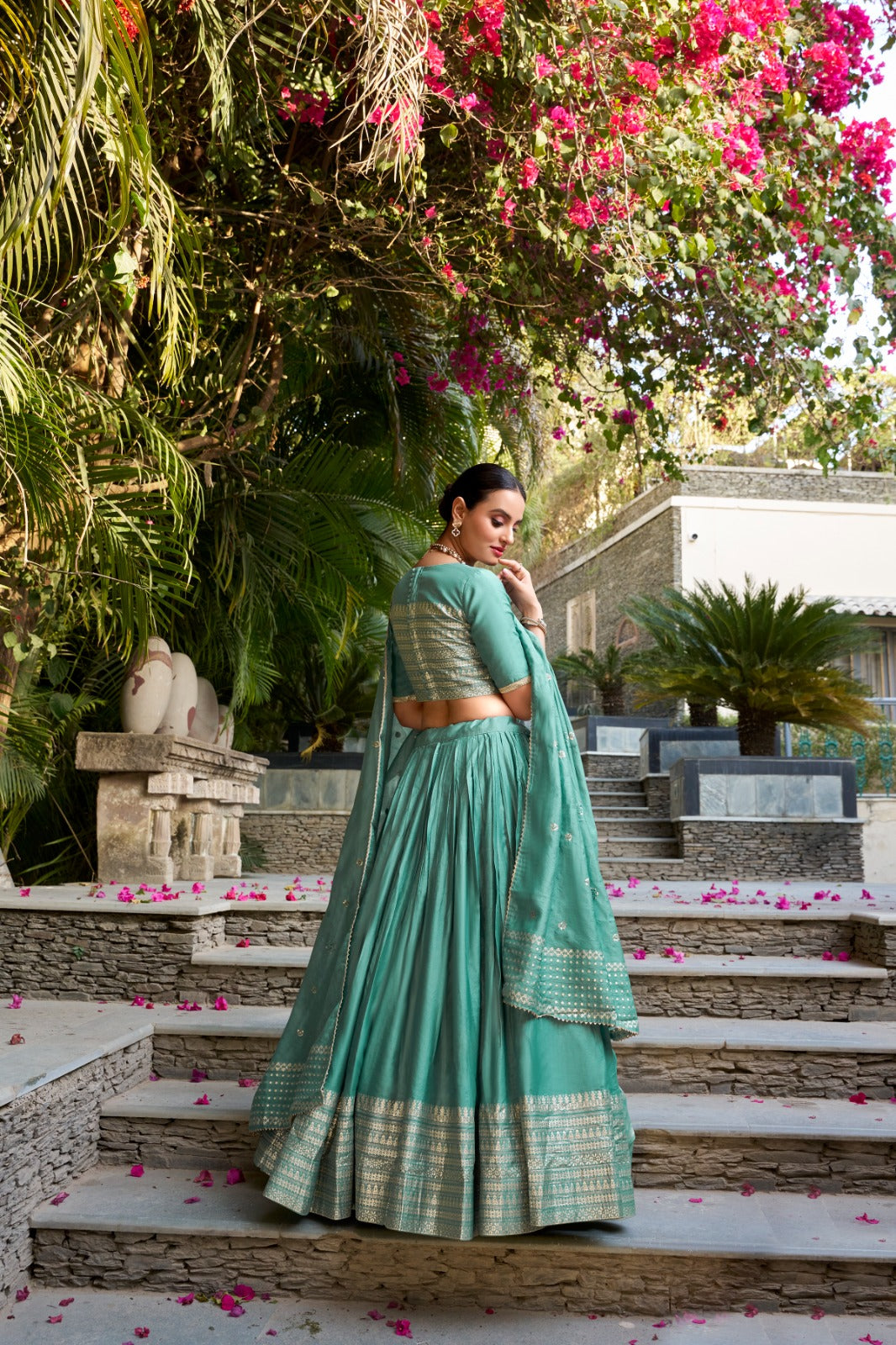 Red Pure Chanderi Plain With Zari Weaving Work Border Fully Stitched Lehenga,Unstitched Blouse With Dupatta