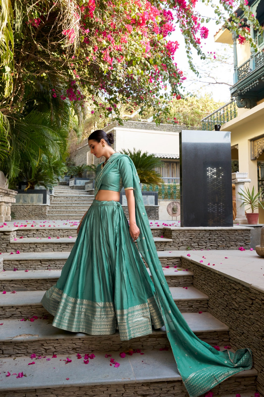 Red Pure Chanderi Plain With Zari Weaving Work Border Fully Stitched Lehenga,Unstitched Blouse With Dupatta