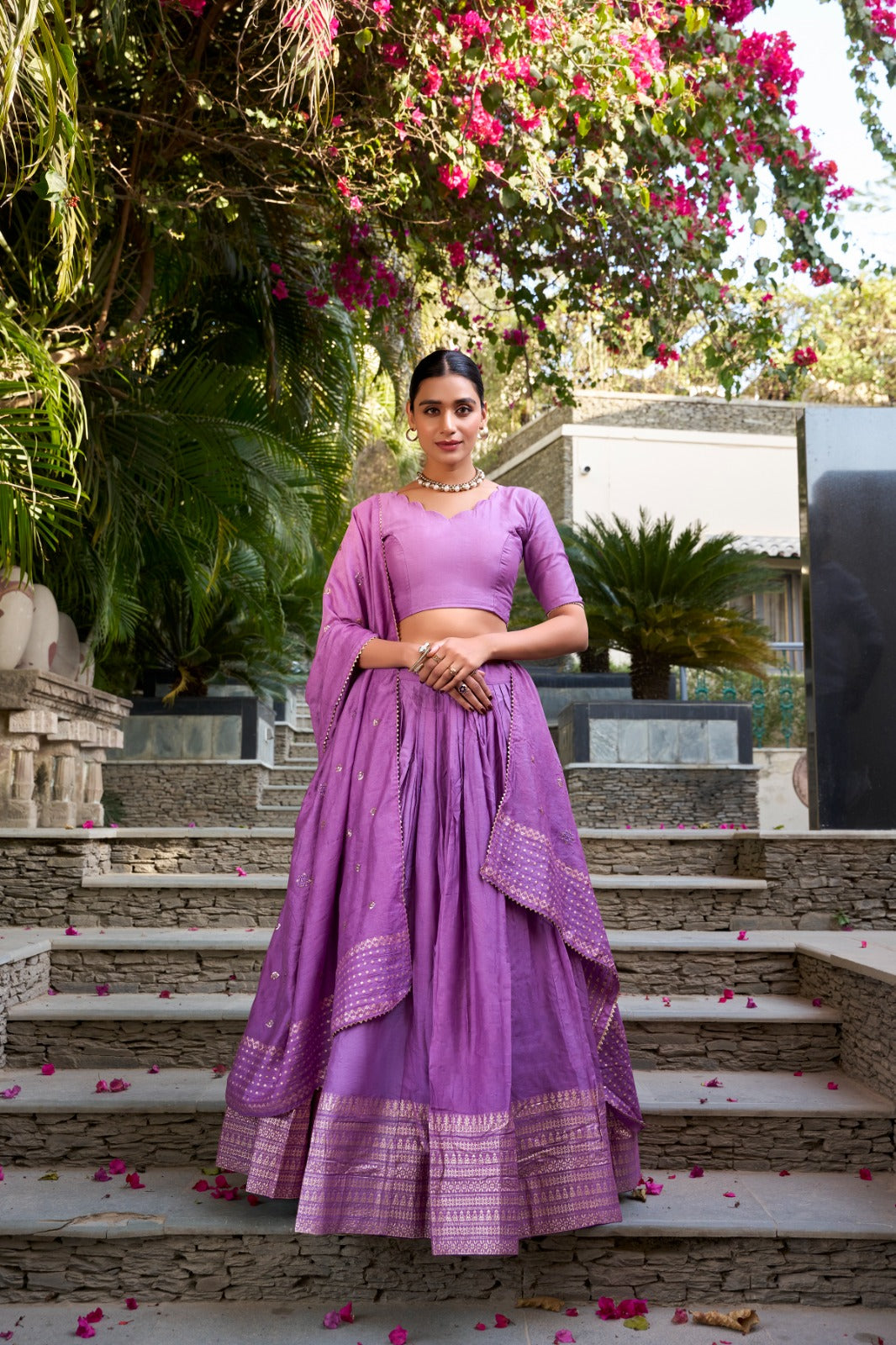 Purple Pure Chanderi Plain With Zari Weaving Work Border Fully Stitched Lehenga,Unstitched Blouse With Dupatta