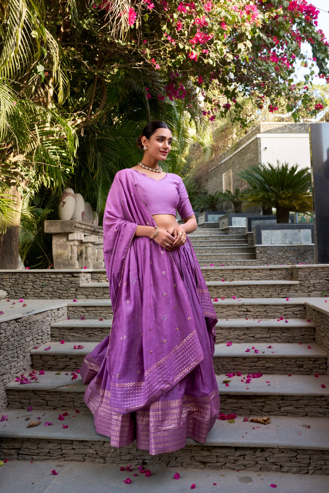 Purple Pure Chanderi Plain With Zari Weaving Work Border Fully Stitched Lehenga,Unstitched Blouse With Dupatta