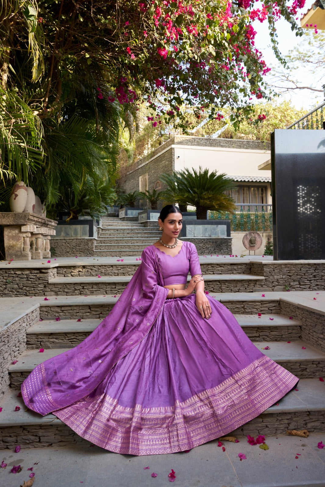 Purple Pure Chanderi Plain With Zari Weaving Work Border Fully Stitched Lehenga,Unstitched Blouse With Dupatta