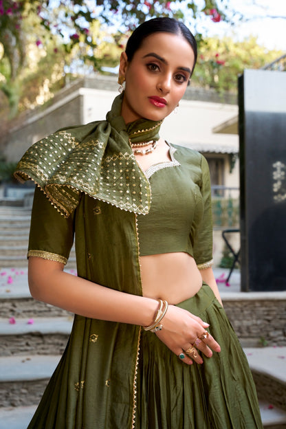 Black Pure Chanderi Plain With Zari Weaving Work Border Fully Stitched Lehenga,Unstitched Blouse With Dupatta