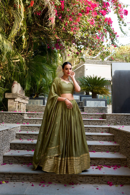 Black Pure Chanderi Plain With Zari Weaving Work Border Fully Stitched Lehenga,Unstitched Blouse With Dupatta