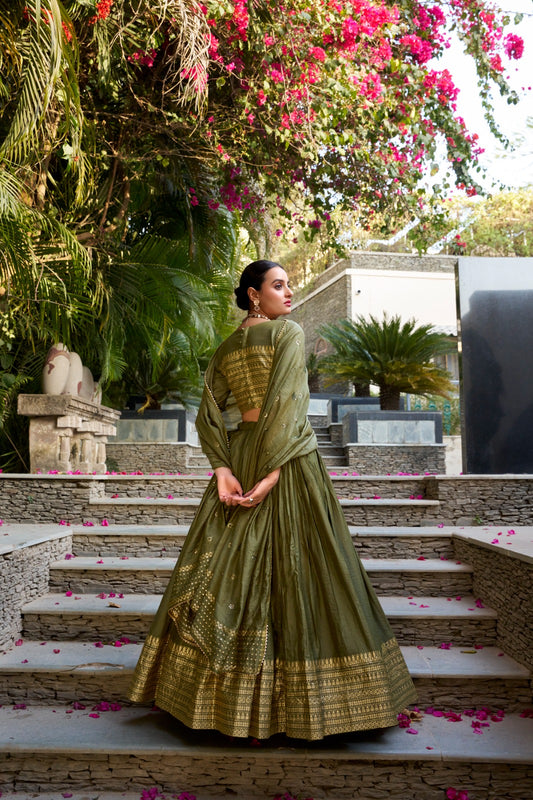 Black Pure Chanderi Plain With Zari Weaving Work Border Fully Stitched Lehenga,Unstitched Blouse With Dupatta