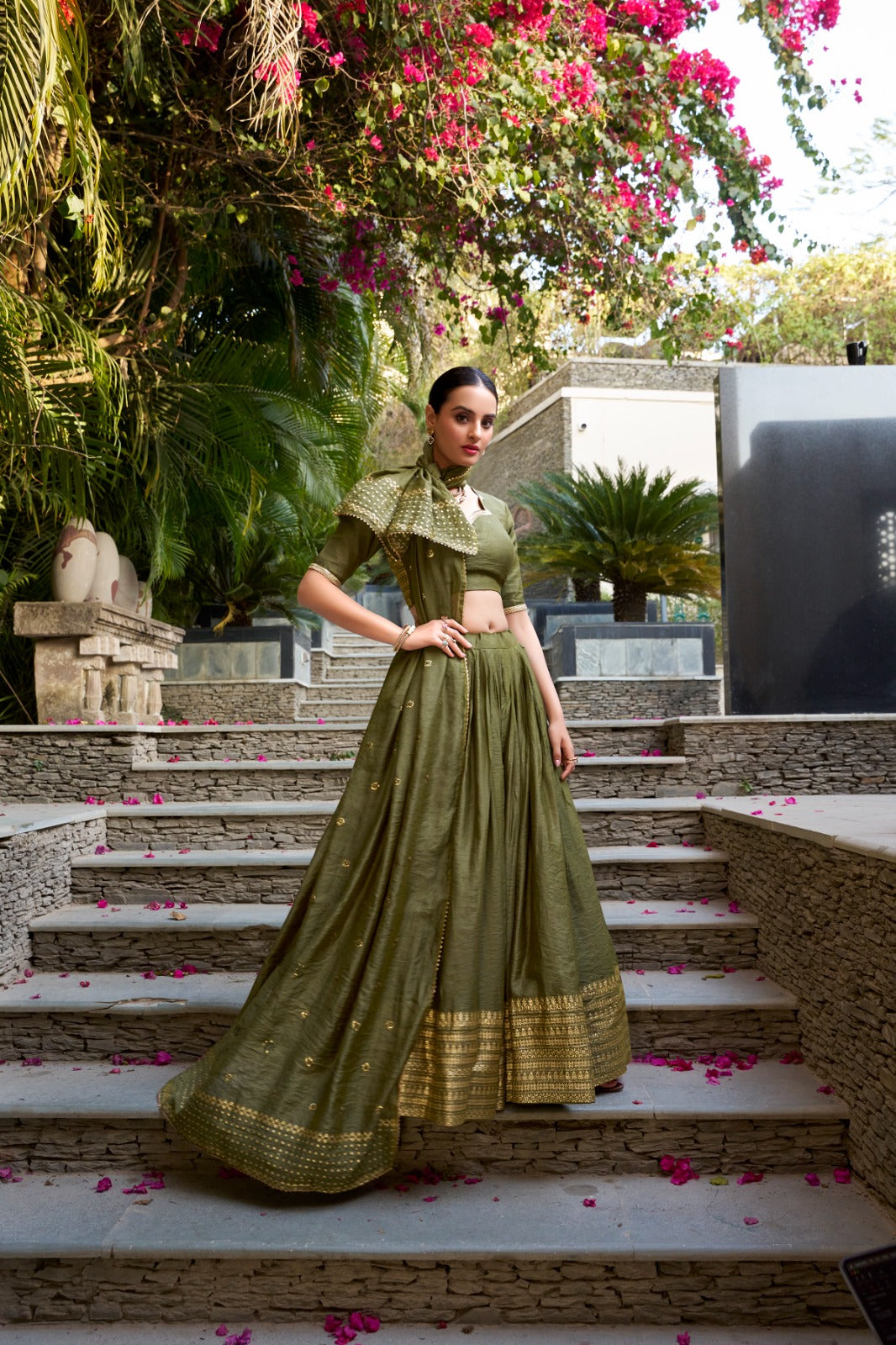 Black Pure Chanderi Plain With Zari Weaving Work Border Fully Stitched Lehenga,Unstitched Blouse With Dupatta