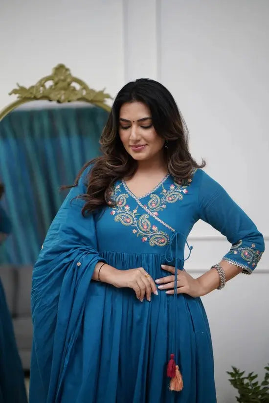 Women's Beautiful Parmpara Fabric Embroidery Work Flared Kurta Pant and Dupatta Set