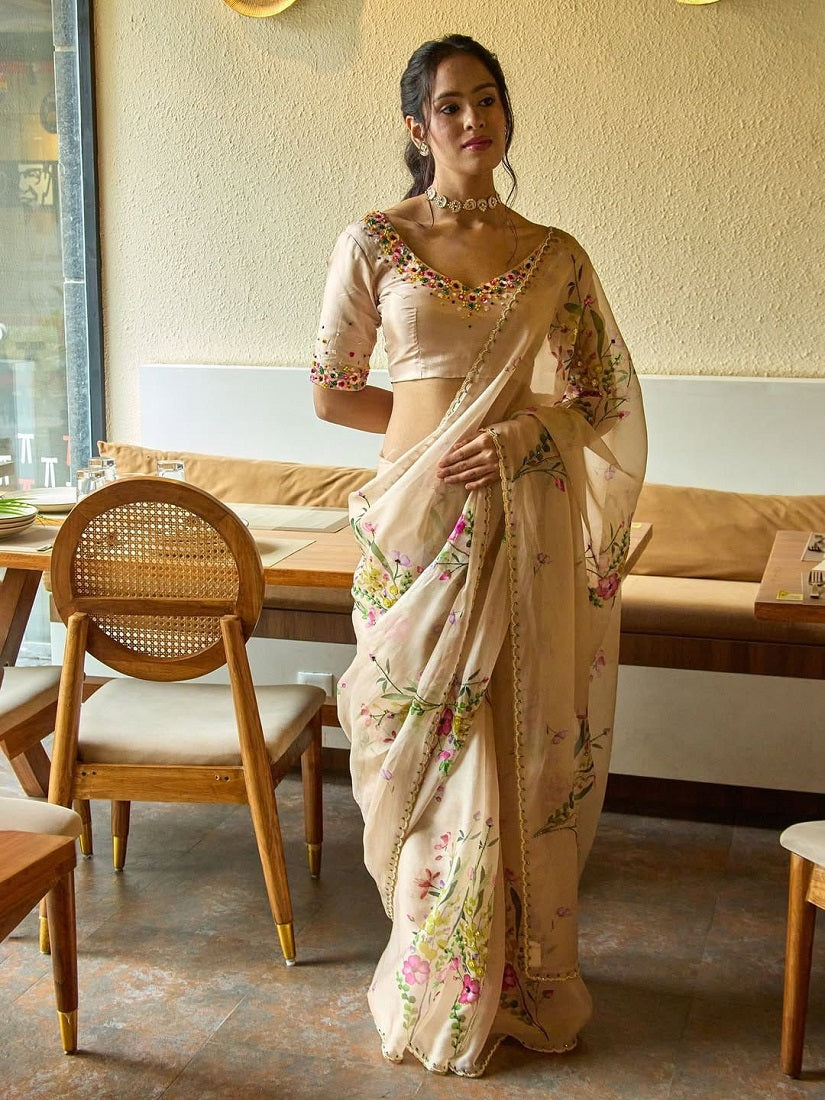 Beige Soft tabby Silk Printed With Beads Work Saree With Unstitched Blouse