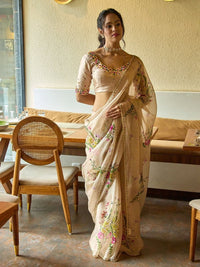 Beige Soft tabby Silk Printed With Beads Work Saree With Unstitched Blouse