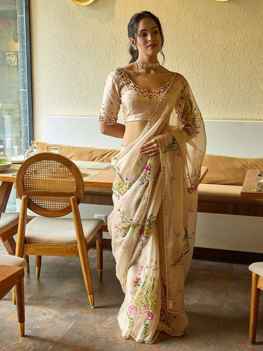 Beige Soft tabby Silk Printed With Beads Work Saree With Unstitched Blouse