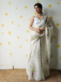 White Soft tabby Silk Printed With Beads Work Saree With Unstitched Blouse