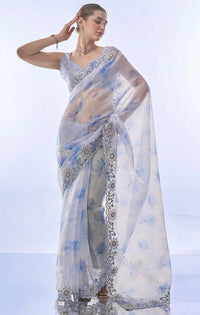 Skyblue Soft Space Silk with Printed and Coding Sequence work Saree With Unstitched Blouse