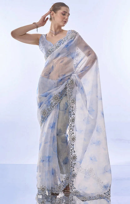 Skyblue Soft Space Silk with Printed and Coding Sequence work Saree With Unstitched Blouse