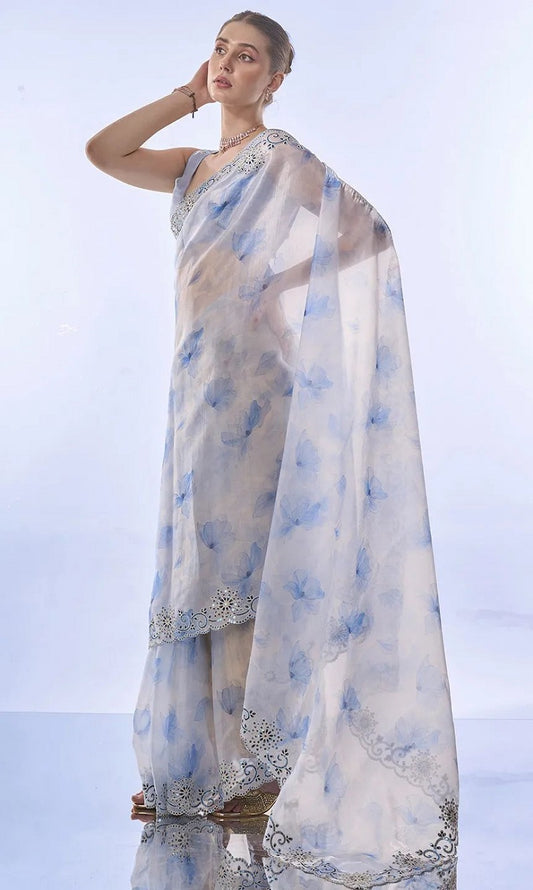 Skyblue Soft Space Silk with Printed and Coding Sequence work Saree With Unstitched Blouse