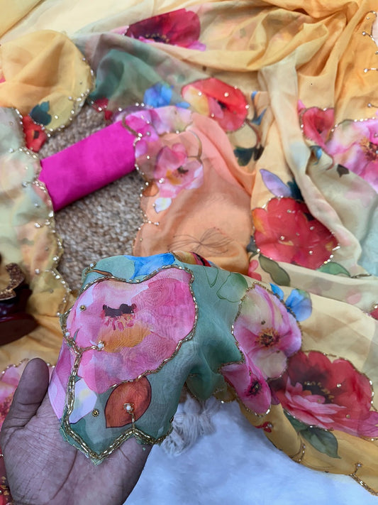 Yellow Soft tabby Silk Printed With pearl Handwork Saree With Unstitched Blouse