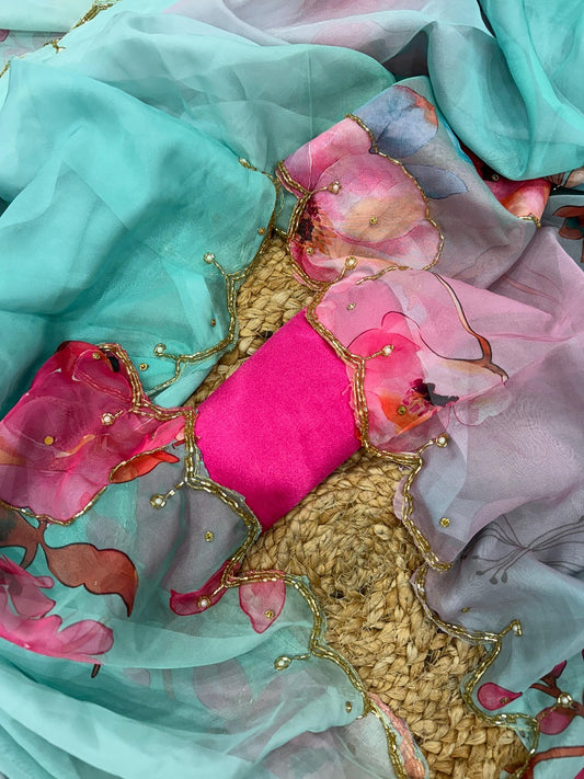 Skyblue Soft tabby Silk Printed With pearl Handwork Saree With Unstitched Blouse