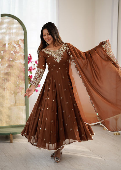 Brown Embroidered Anarkali Dress Heavy Embroidery Anarkali Gown Premium Party Wear Anarkali Suit Designer Anarkali With Dupatta Wedding Function Anarkali Dress Festival Special Anarkali Suit Brown Georgette Embroidery Suit
