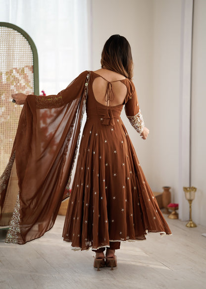 Brown Embroidered Anarkali Dress Heavy Embroidery Anarkali Gown Premium Party Wear Anarkali Suit Designer Anarkali With Dupatta Wedding Function Anarkali Dress Festival Special Anarkali Suit Brown Georgette Embroidery Suit