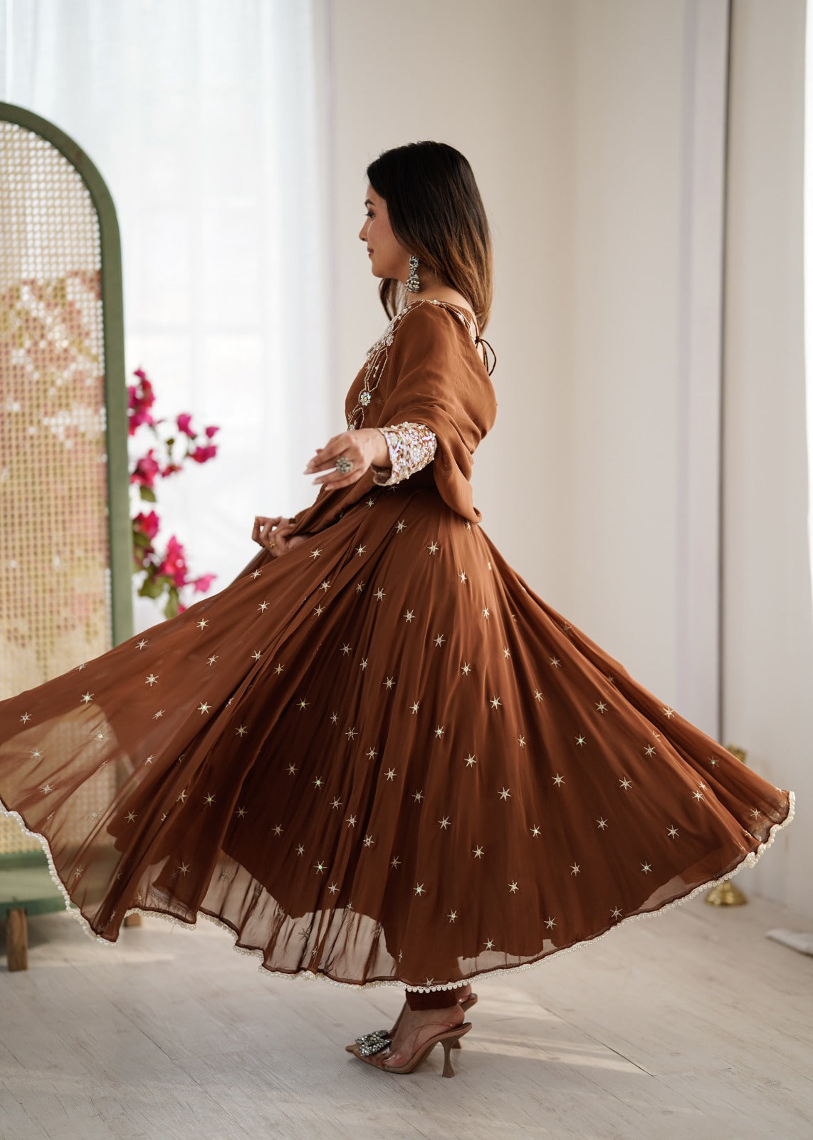 Brown Embroidered Anarkali Dress Heavy Embroidery Anarkali Gown Premium Party Wear Anarkali Suit Designer Anarkali With Dupatta Wedding Function Anarkali Dress Festival Special Anarkali Suit Brown Georgette Embroidery Suit