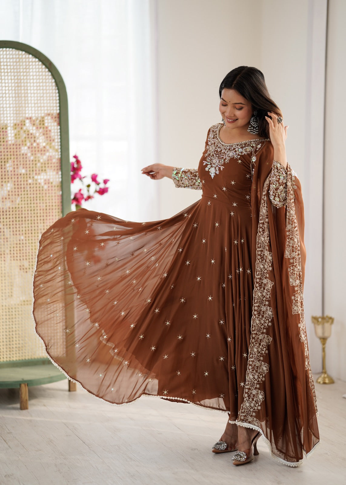 Brown Embroidered Anarkali Dress Heavy Embroidery Anarkali Gown Premium Party Wear Anarkali Suit Designer Anarkali With Dupatta Wedding Function Anarkali Dress Festival Special Anarkali Suit Brown Georgette Embroidery Suit