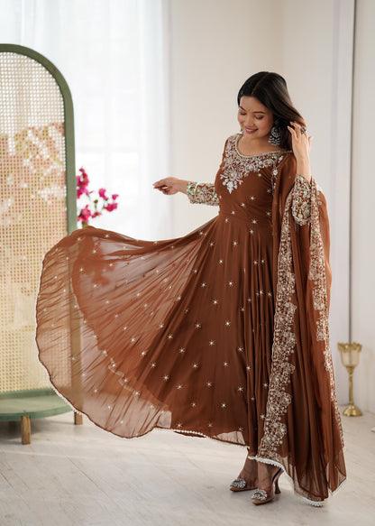 Brown Embroidered Anarkali Dress Heavy Embroidery Anarkali Gown Premium Party Wear Anarkali Suit Designer Anarkali With Dupatta Wedding Function Anarkali Dress Festival Special Anarkali Suit Brown Georgette Embroidery Suit