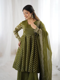 Heavy work olive green kurta sharara dress for party, mehendi and wedding functions
