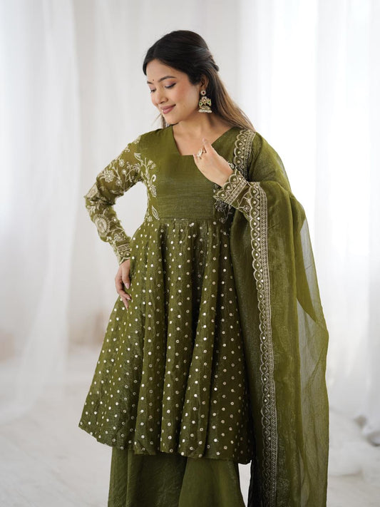 most viral green traditional outfit for girls embroidery designer sharara kurta set” “heavy work olive green kurta sharara dress for party, mehendi and wedding functions”