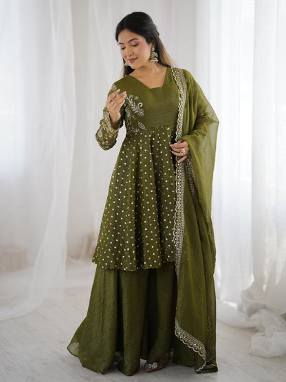 most viral green traditional outfit for girls embroidery designer sharara kurta set” “heavy work olive green kurta sharara dress for party, mehendi and wedding functions”