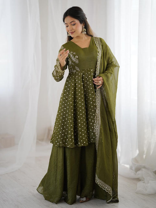 most viral green traditional outfit for girls embroidery designer sharara kurta set” “heavy work olive green kurta sharara dress for party, mehendi and wedding functions”