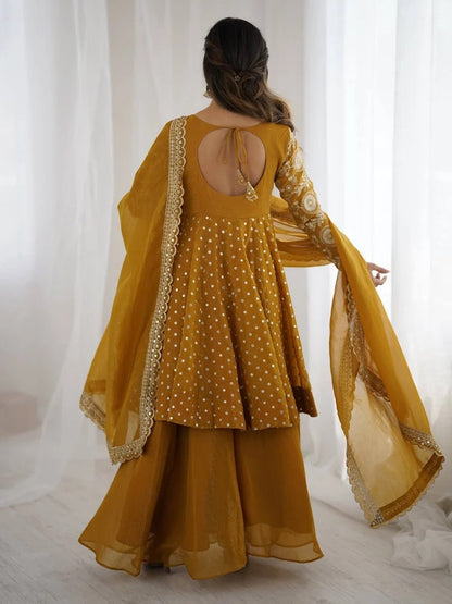premium mustard georgette sharara suit for haldi ceremony partywear ethnic wear” “mustard heavy work sharara kurti set with dupatta for ladies trending 2026 fashion