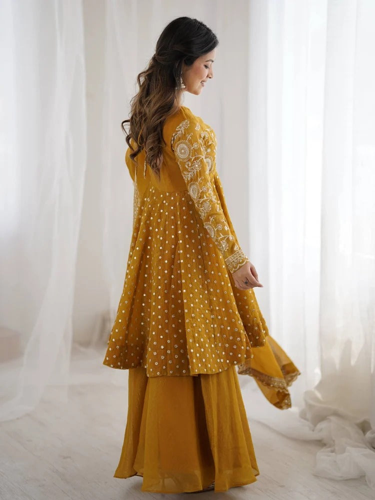 premium mustard georgette sharara suit for haldi ceremony partywear ethnic wear” “mustard heavy work sharara kurti set with dupatta for ladies trending 2026 fashion