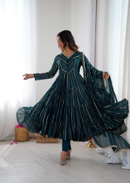 Gold stripe Anarkali gown Lurex stripe Anarkali kurta, Teal blue Anarkali gown Bottle green Anarkali dress