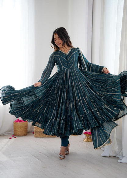 Gold stripe Anarkali gown Lurex stripe Anarkali kurta, Teal blue Anarkali gown Bottle green Anarkali dress