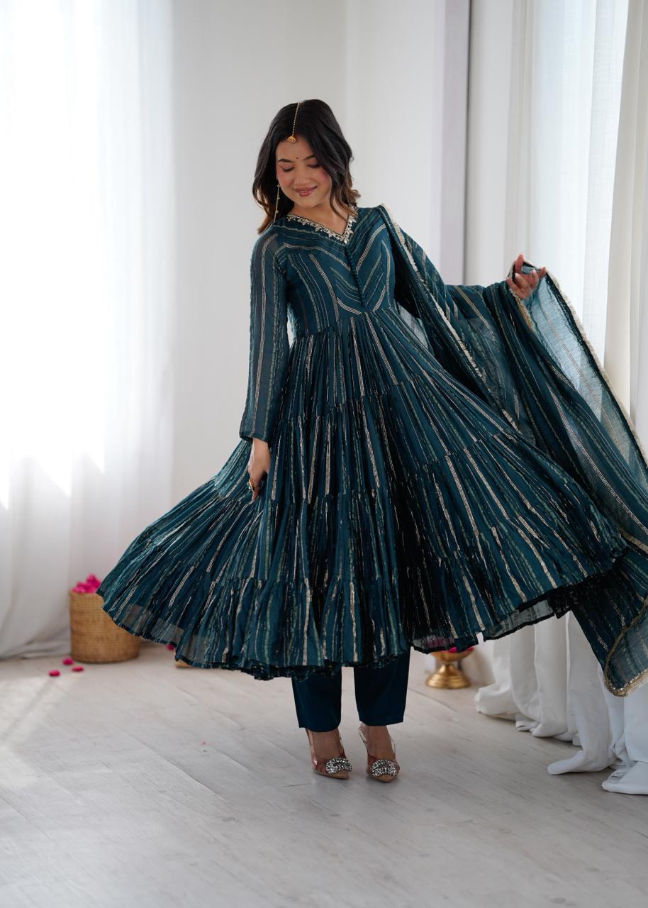 Gold stripe Anarkali gown Lurex stripe Anarkali kurta, Teal blue Anarkali gown Bottle green Anarkali dress