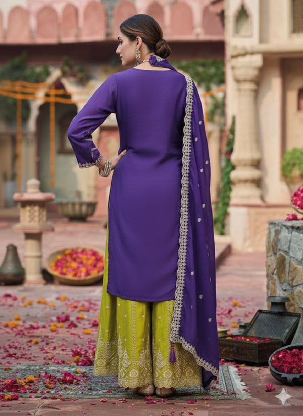 Purple and Parotgreen Chinon Silk with Embroidered and Sequence work Palazzo Suit