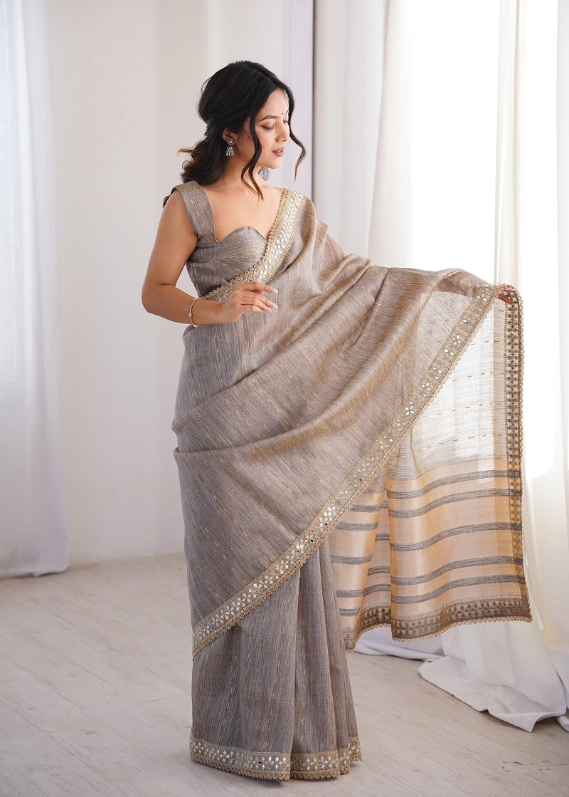 Pure Spun Cotton With Zari Woven Work Real Mirror Lace saree With Blouse