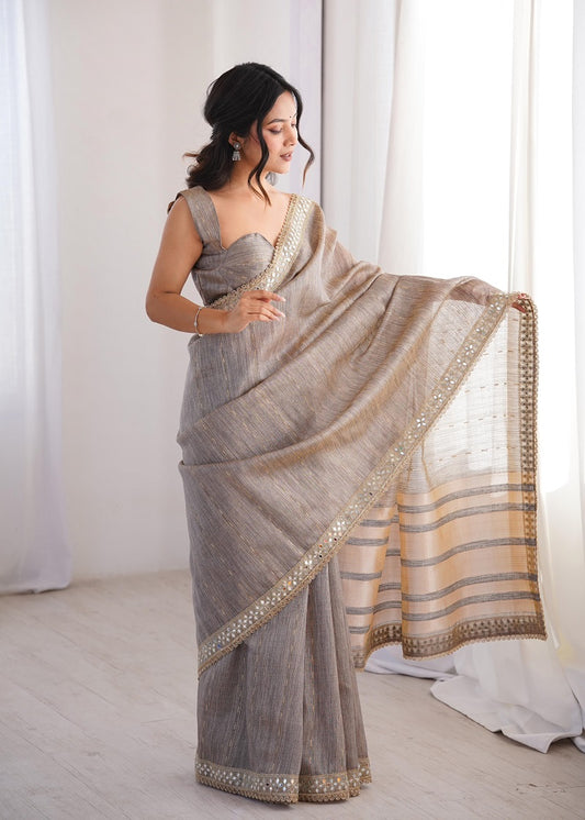 Pure Spun Cotton With Zari Woven Work Real Mirror Lace saree With Blouse