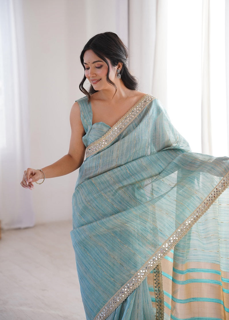 Pure Spun Cotton With Zari Woven Work Real Mirror Lace saree With Blouse