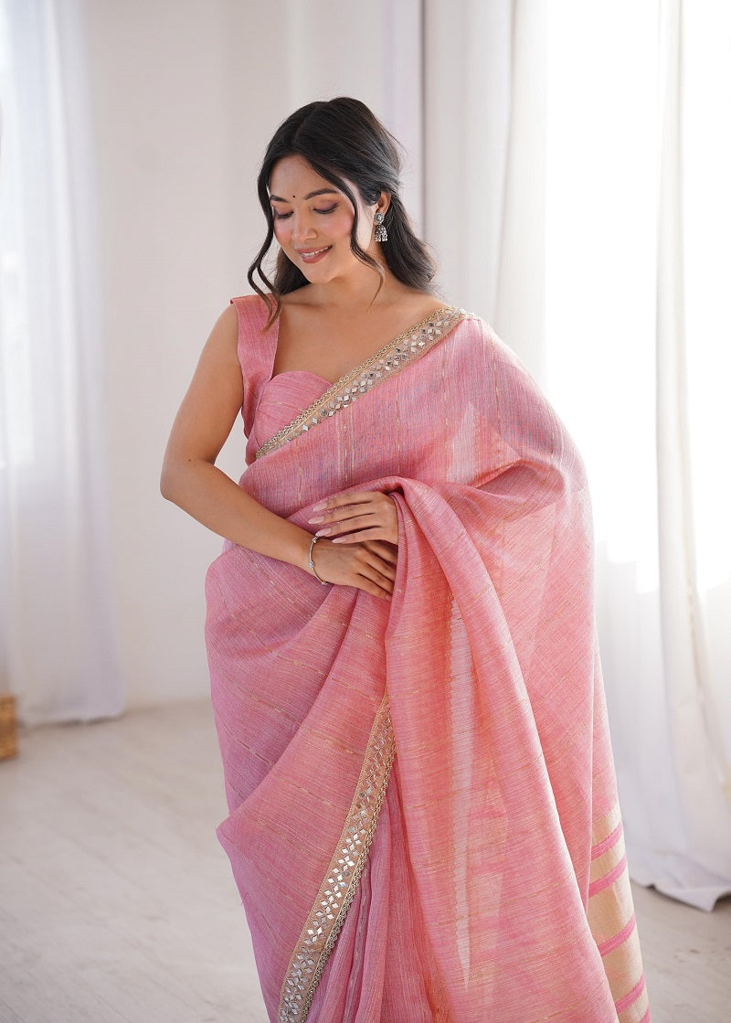 Pure Spun Cotton With Zari Woven Work Real Mirror Lace saree With Blouse