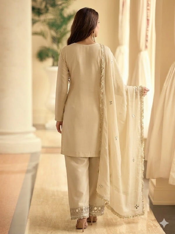 Ceam Silk Blend Mirror Embroidered Work Kurti Plazzo Set With Dupatta