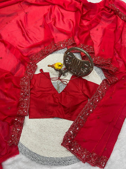 Red Fendy Silk Multi Sequence Embroidered Work Saree With Blouse