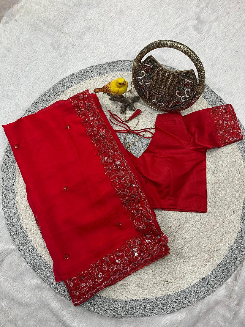 Red Fendy Silk Multi Sequence Embroidered Work Saree With Blouse