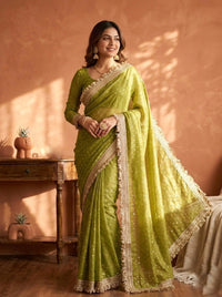 Perrot Moss Silk With Jecquard Butti Saree With Unstitched Blouse