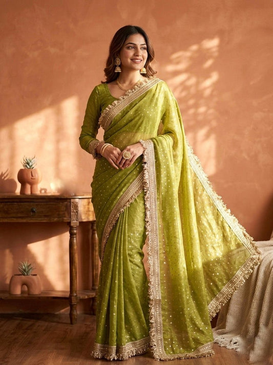 Perrot Moss Silk With Jecquard Butti Saree With Unstitched Blouse
