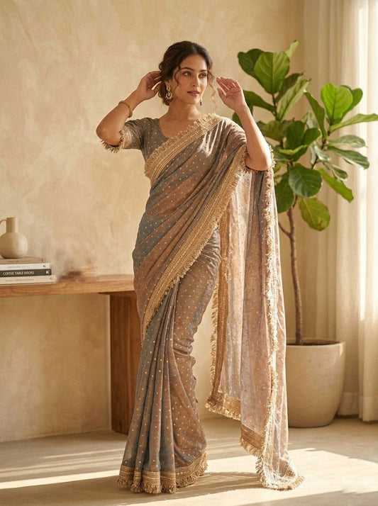 Grey Moss Silk With Jecquard Butti Saree With Unstitched Blouse