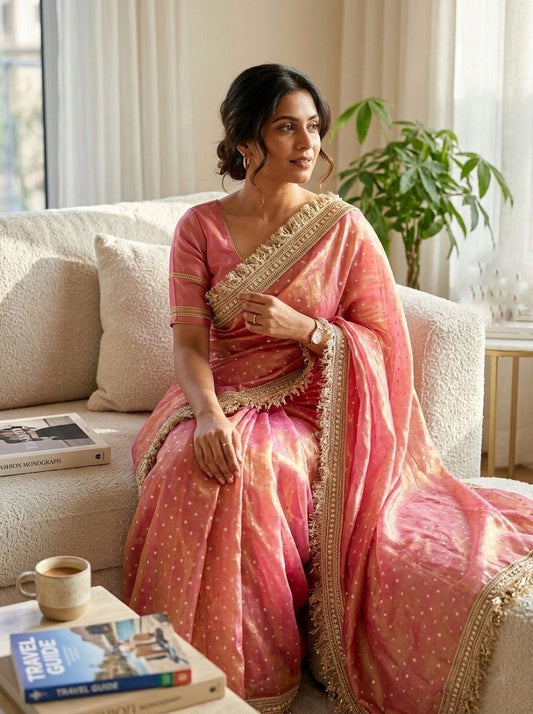 Peach Moss Silk With Jecquard Butti Saree With Unstitched Blouse