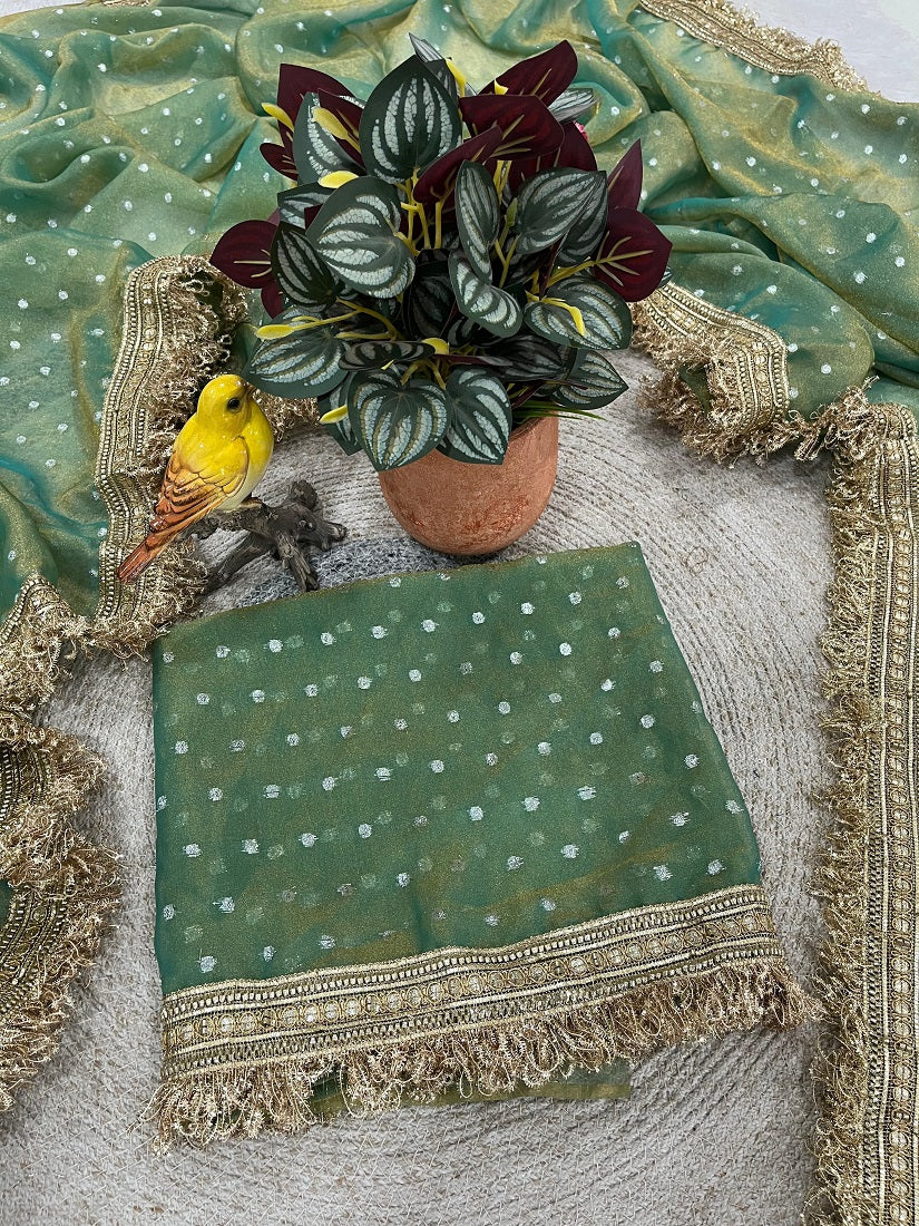 Seagreen Moss Silk With Jecquard Butti Saree With Unstitched Blouse