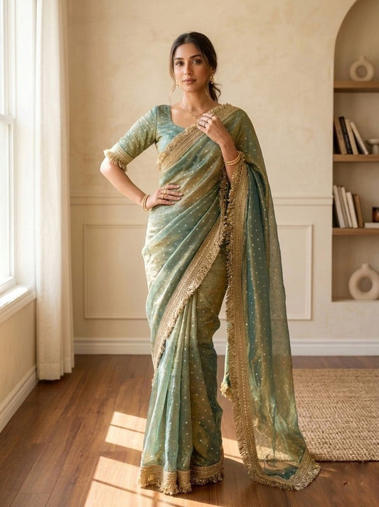 Seagreen Moss Silk With Jecquard Butti Saree With Unstitched Blouse